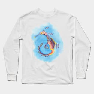 Weedy seadragon against blue background - watercolour Long Sleeve T-Shirt